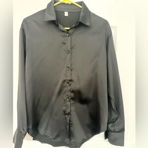 Silky Satin Blouse with High Neck | Long Sleeve Elegant Shirt | Black